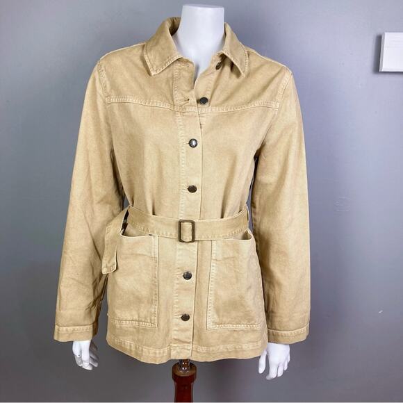 Zara jacket small khaki denim barn chore belted safari cotton utility work - Picture 1 of 8